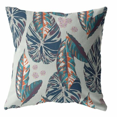 PALACEDESIGNS 16 in. Tropical Leaf Indoor & Outdoor Throw Pillow Dark Blue & Gray PA3099018